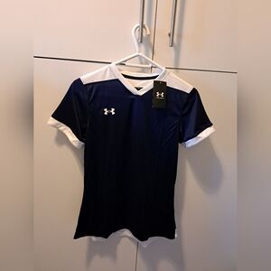 NWT, Ladies Under Armour Dark Blue and White Sports Tee
